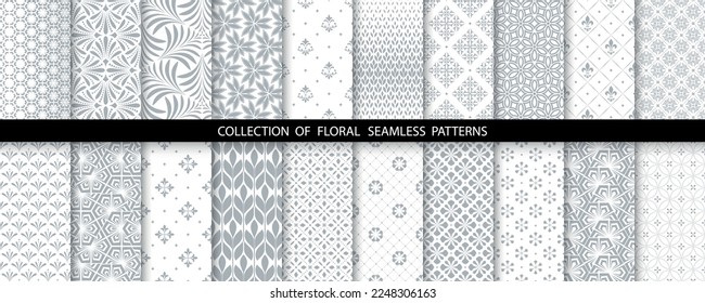 Conjunto floral geométrico de patrones sin soldadura. Antecedentes vectoriales en blanco y gris. Ornamentos gráficos de Damasco
