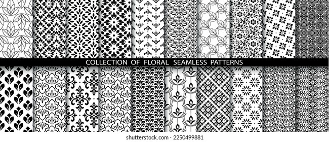 Geometric floral set of seamless patterns. White and black vector backgrounds. Damask graphic ornaments.