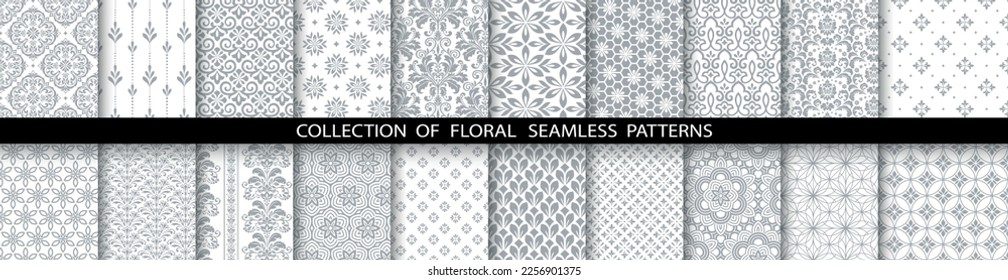 Conjunto floral geométrico de patrones sin soldadura. Antecedentes vectoriales en blanco y gris. Ornamentos gráficos de Damasco