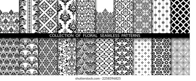 Conjunto floral geométrico de patrones sin soldadura. Antecedentes vectoriales blancos y negros. Ornamentos gráficos Damask.