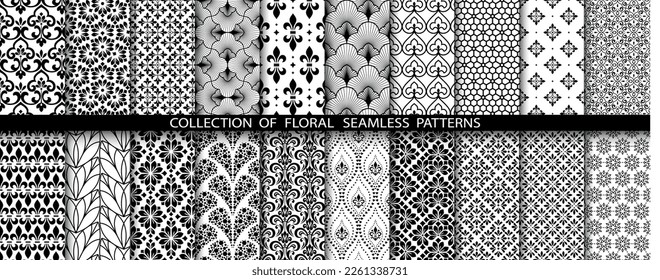 Geometric floral set of seamless patterns. White and black vector backgrounds. Damask graphic ornaments.