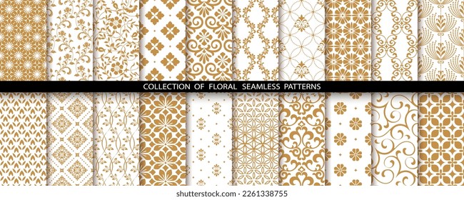 Geometric floral set of seamless patterns. White and gold vector backgrounds. Damask graphic ornaments