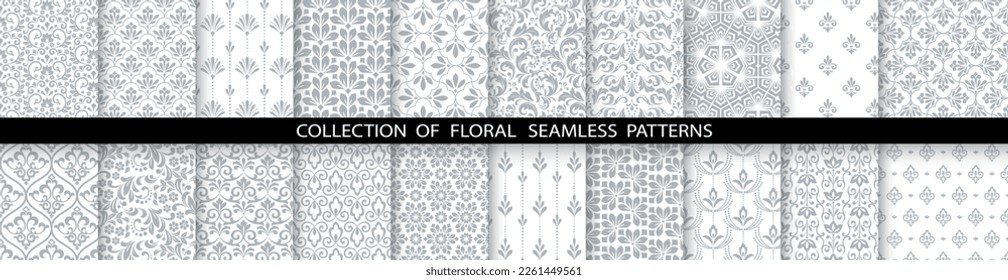 Conjunto floral geométrico de patrones sin soldadura. Antecedentes vectoriales en blanco y gris. Ornamentos gráficos de Damasco