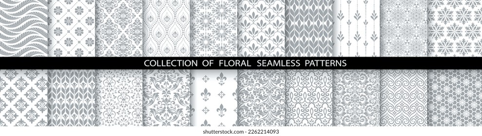 Geometric floral set of seamless patterns. White and gray vector backgrounds. Damask graphic ornaments