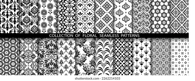 Geometric floral set of seamless patterns. White and black vector backgrounds. Damask graphic ornaments.