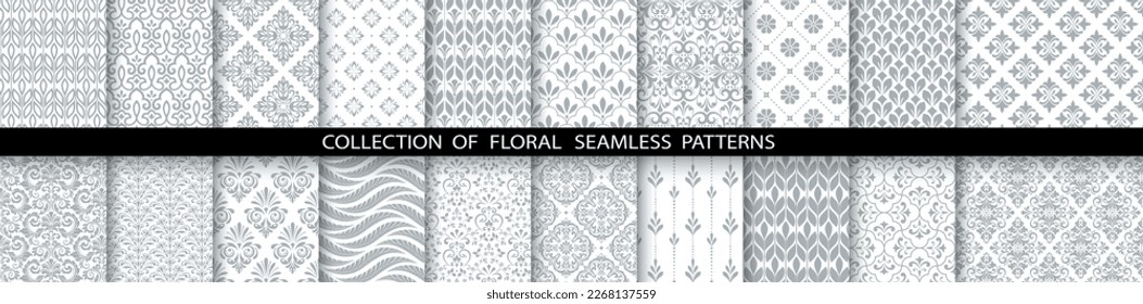 Geometric floral set of seamless patterns. White and gray vector backgrounds. Damask graphic ornaments