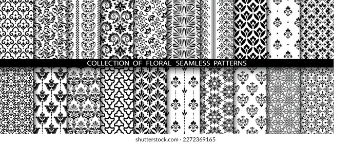 Geometric floral set of seamless patterns. White and black vector backgrounds. Damask graphic ornaments.