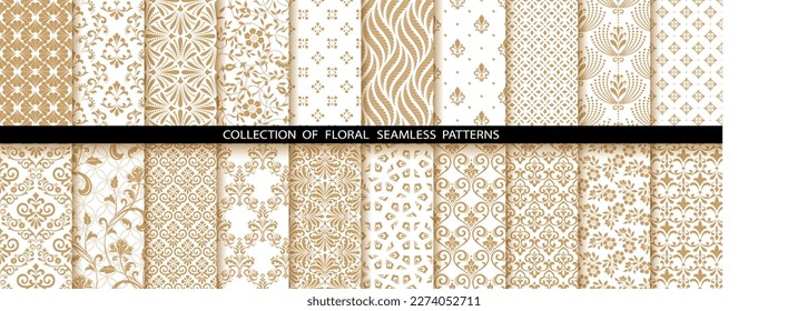Geometric floral set of seamless patterns. White and gold vector backgrounds. Damask graphic ornaments