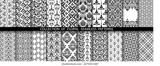 Conjunto floral geométrico de patrones sin soldadura. Antecedentes vectoriales blancos y negros. Ornamentos gráficos Damask.