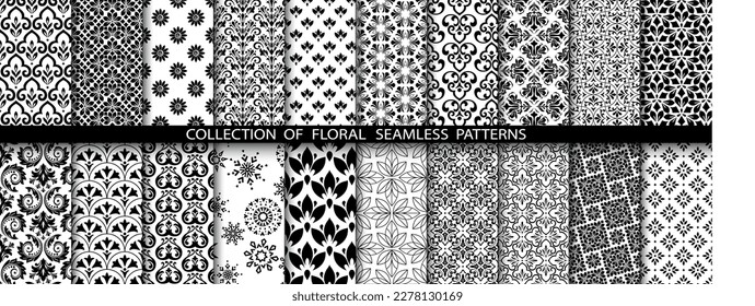 Geometric floral set of seamless patterns. White and black vector backgrounds. Damask graphic ornaments.