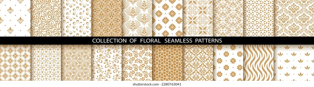 Geometric floral set of seamless patterns. White and gold vector backgrounds. Damask graphic ornaments
