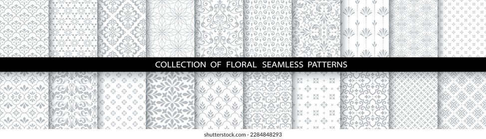 Geometric floral set of seamless patterns. White and gray vector backgrounds. Damask graphic ornaments