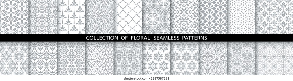 Geometric floral set of seamless patterns. White and gray vector backgrounds. Damask graphic ornaments