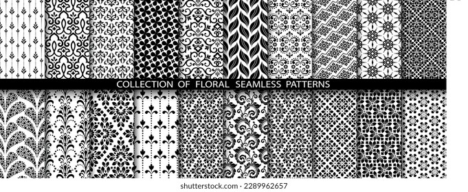 Conjunto floral geométrico de patrones sin soldadura. Antecedentes vectoriales blancos y negros. Ornamentos gráficos Damask.