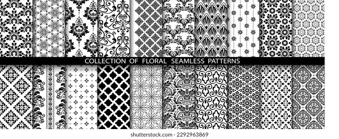 Geometric floral set of seamless patterns. White and black vector backgrounds. Damask graphic ornaments.