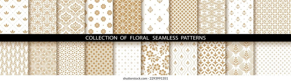 Geometric floral set of seamless patterns. White and gold vector backgrounds. Damask graphic ornaments