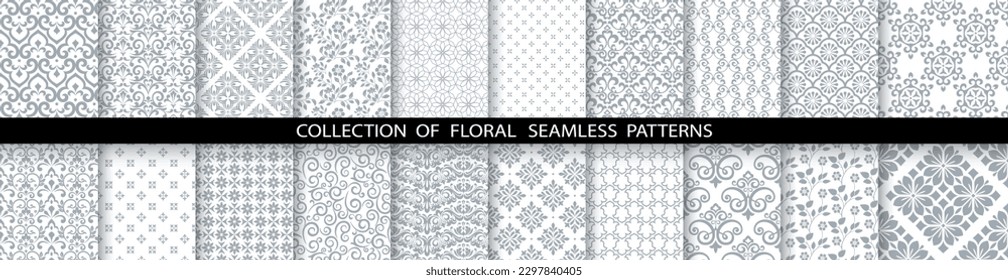 Geometric floral set of seamless patterns. White and gray vector backgrounds. Damask graphic ornaments