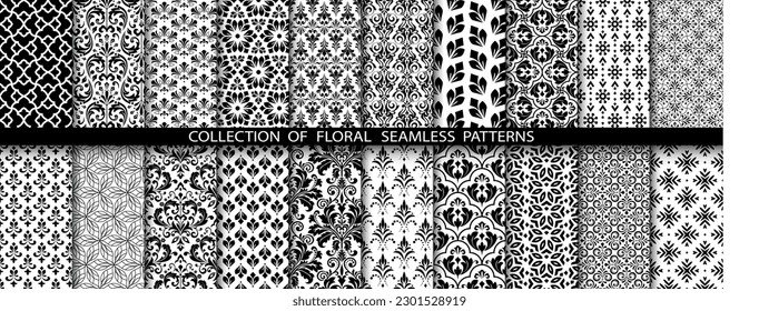 Conjunto floral geométrico de patrones sin soldadura. Antecedentes vectoriales blancos y negros. Ornamentos gráficos Damask.