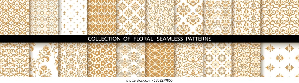 Geometric floral set of seamless patterns. White and gold vector backgrounds. Damask graphic ornaments