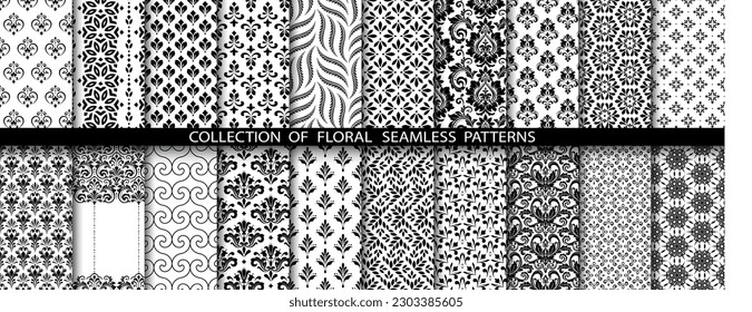 Geometric floral set of seamless patterns. White and black vector backgrounds. Damask graphic ornaments.