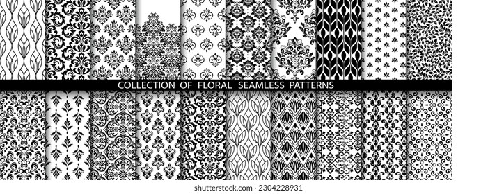 Geometric floral set of seamless patterns. White and black vector backgrounds. Damask graphic ornaments.