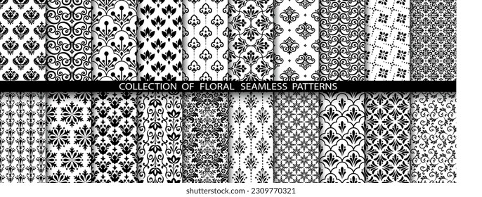 Conjunto floral geométrico de patrones sin soldadura. Antecedentes vectoriales blancos y negros. Ornamentos gráficos Damask.