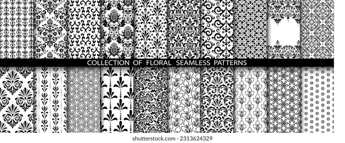 Geometric floral set of seamless patterns. White and black vector backgrounds. Damask graphic ornaments.