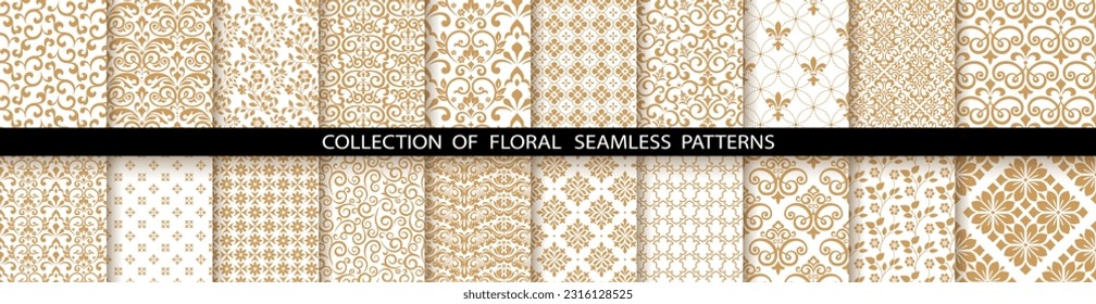 Conjunto floral geométrico de patrones sin soldadura. Antecedentes vectores de blanco y oro. Ornamentos gráficos de Damasco