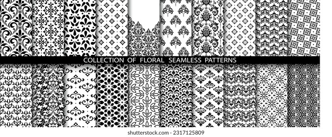 Geometrisches Blumenset nahtloser Muster. Weiße und schwarze Vektorhintergründe. Damast-Grafik-Ornamente.