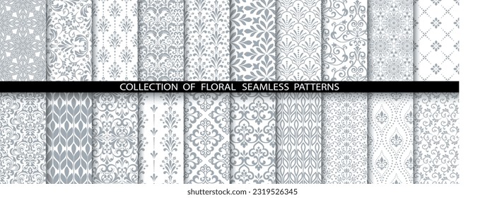 Geometric floral set of seamless patterns. White and gray vector backgrounds. Damask graphic ornaments