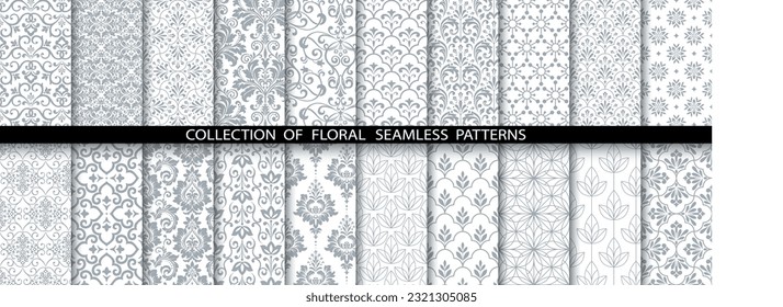 Geometric floral set of seamless patterns. White and gray vector backgrounds. Damask graphic ornaments