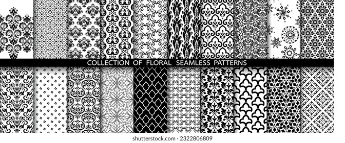 Geometric floral set of seamless patterns. White and black vector backgrounds. Damask graphic ornaments.