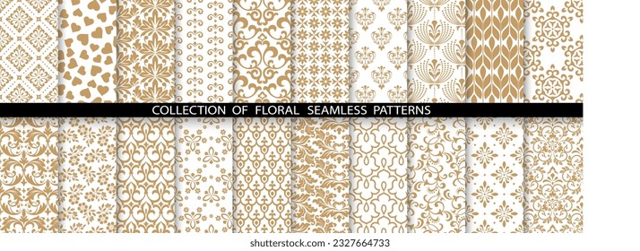 Conjunto floral geométrico de patrones sin soldadura. Antecedentes vectores de blanco y oro. Ornamentos gráficos de Damasco