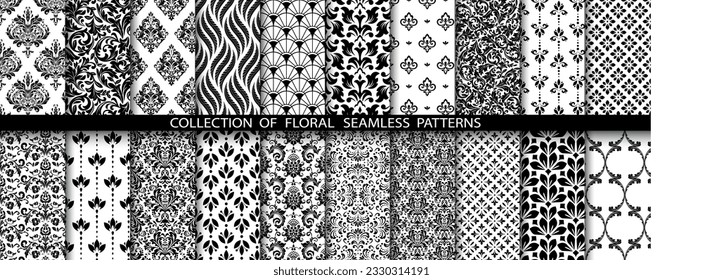 Geometric floral set of seamless patterns. White and black vector backgrounds. Damask graphic ornaments.