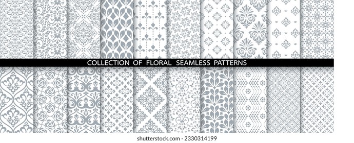 Conjunto floral geométrico de patrones sin soldadura. Antecedentes vectoriales en blanco y gris. Ornamentos gráficos de Damasco