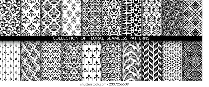 Geometric floral set of seamless patterns. White and black vector backgrounds. Damask graphic ornaments.
