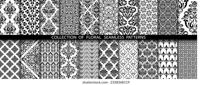 Conjunto floral geométrico de patrones sin soldadura. Antecedentes vectoriales blancos y negros. Ornamentos gráficos Damask.