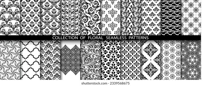 Geometric floral set of seamless patterns. White and black vector backgrounds. Damask graphic ornaments.