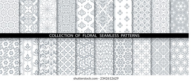 Geometric floral set of seamless patterns. White and gray vector backgrounds. Damask graphic ornaments