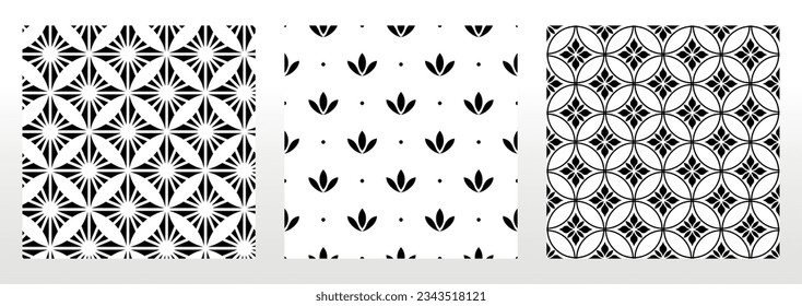 Geometric floral set of seamless patterns. White and black vector backgrounds. Damask graphic ornaments.