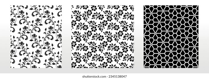 Geometric floral set of seamless patterns. White and black vector backgrounds. Damask graphic ornaments.