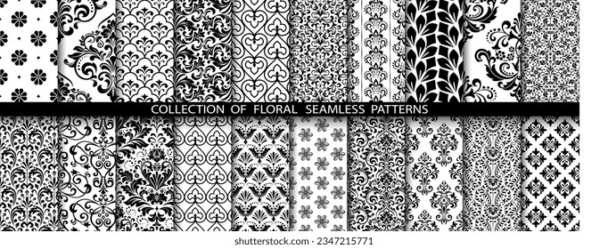 Conjunto floral geométrico de patrones sin soldadura. Antecedentes vectoriales blancos y negros. Ornamentos gráficos Damask.