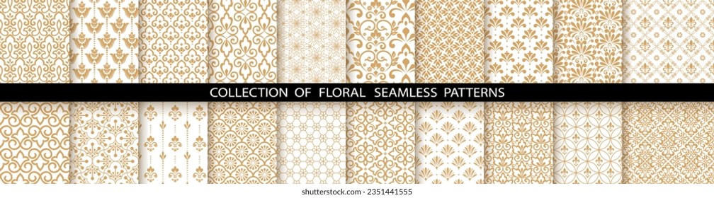 Geometric floral set of seamless patterns. White and gold vector backgrounds. Damask graphic ornaments