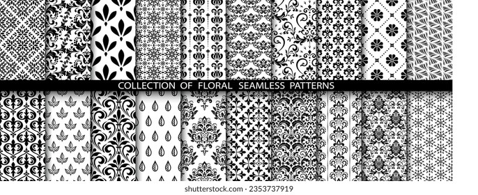 Geometric floral set of seamless patterns. White and black vector backgrounds. Damask graphic ornaments.