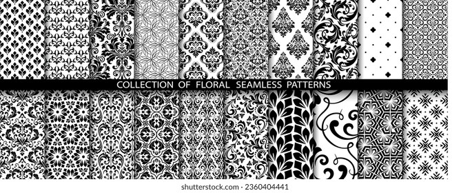 Geometric floral set of seamless patterns. White and black vector backgrounds. Damask graphic ornaments.