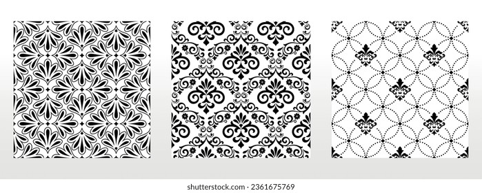 Geometric floral set of seamless patterns. White and black vector backgrounds. Damask graphic ornaments.