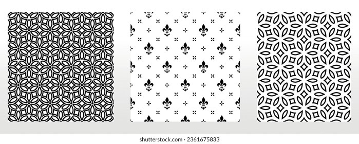 Geometric floral set of seamless patterns. White and black vector backgrounds. Damask graphic ornaments.