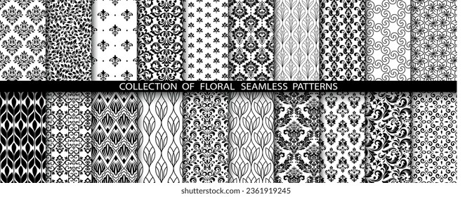 Geometric floral set of seamless patterns. White and black vector backgrounds. Damask graphic ornaments.