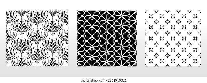 Geometric floral set of seamless patterns. White and black vector backgrounds. Damask graphic ornaments.