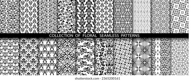 Geometric floral set of seamless patterns. White and black vector backgrounds. Damask graphic ornaments.